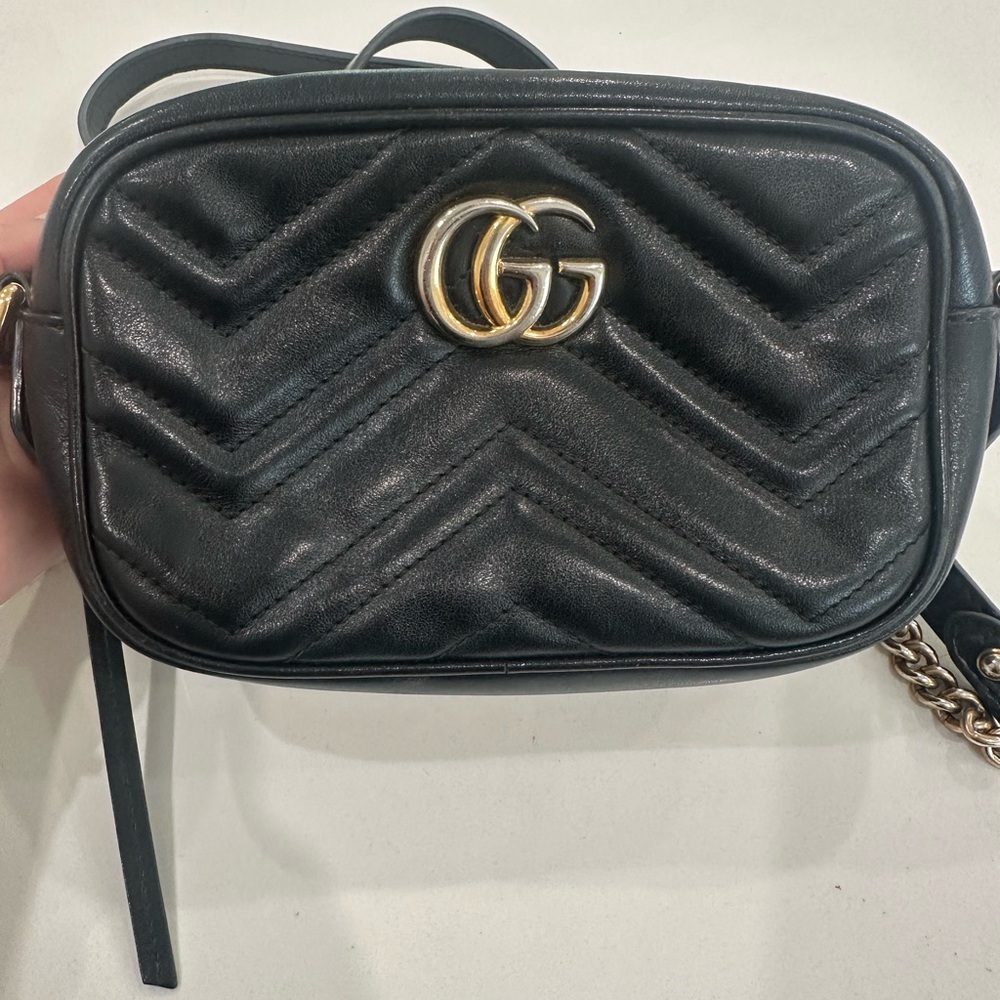 Gucci Black Chevron Crossbody Bag with Gold Logo